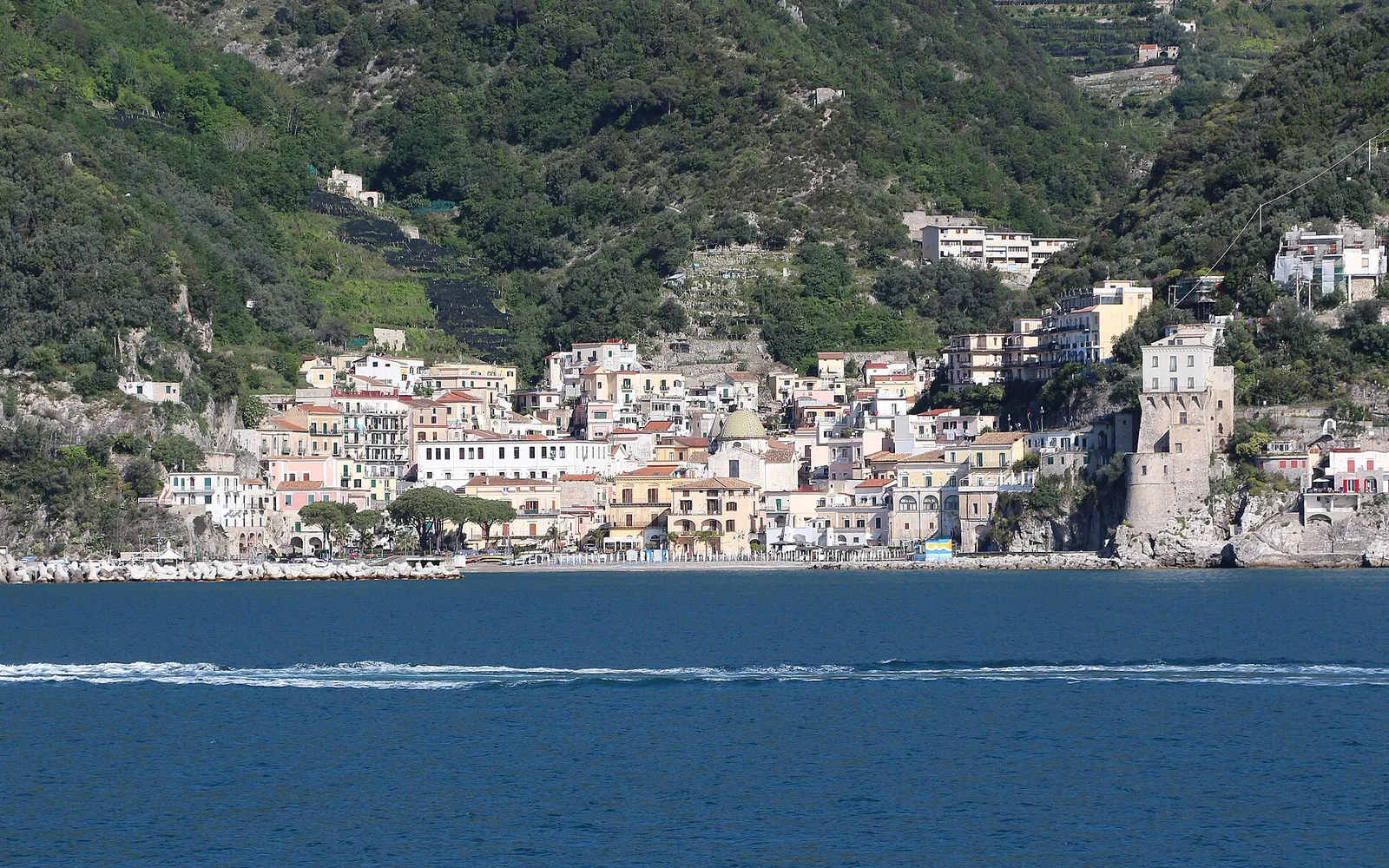 The fishing village of Cetara seen from the sea with its Viceregal Tower