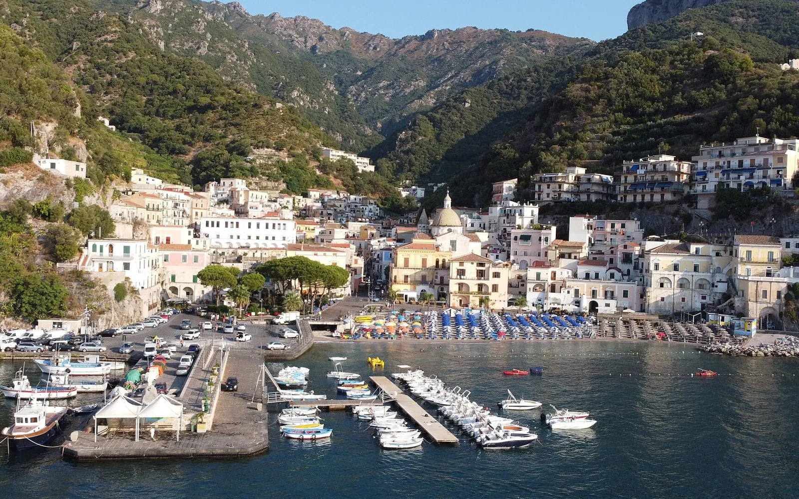Cetara harbour, beach and historic centre seen from the sea