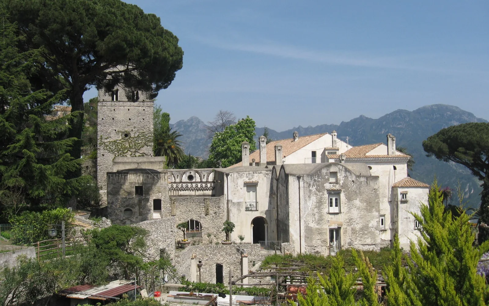 Villa Rufolo in Ravello framed by gardens and the Lattari Mountains
